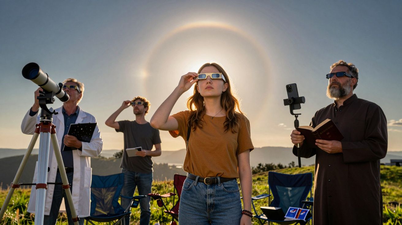 Grupo de pessoas observa eclipse solar com óculos especiais e telescópio em campo aberto. Halo solar visível no céu.