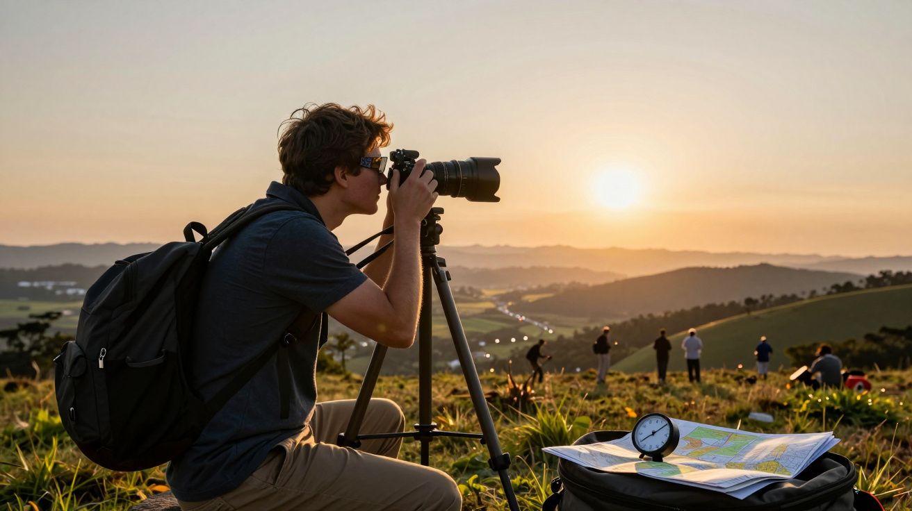 Fotógrafo com tripé e mochila fotografa pôr do sol num campo, com mapa e bússola sobre a relva.