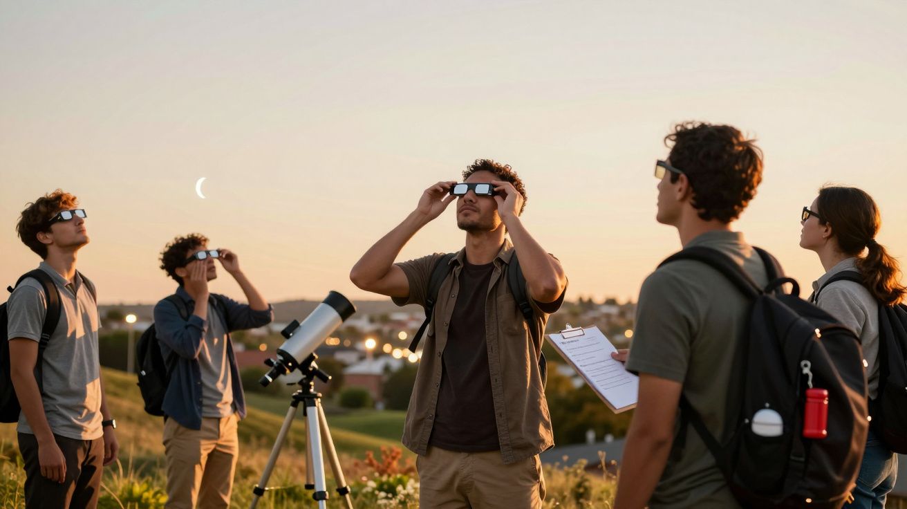 Grupo observa o céu usando óculos especiais, junto a um telescópio, ao pôr do sol. Uma cidade é visível ao fundo.