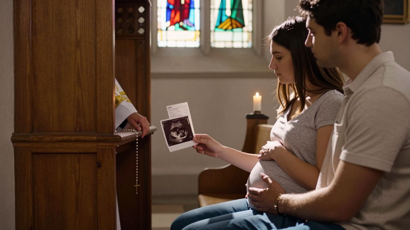 Mulher grávida e homem sentados numa igreja, segurando uma ecografia, enquanto um padre os atende.