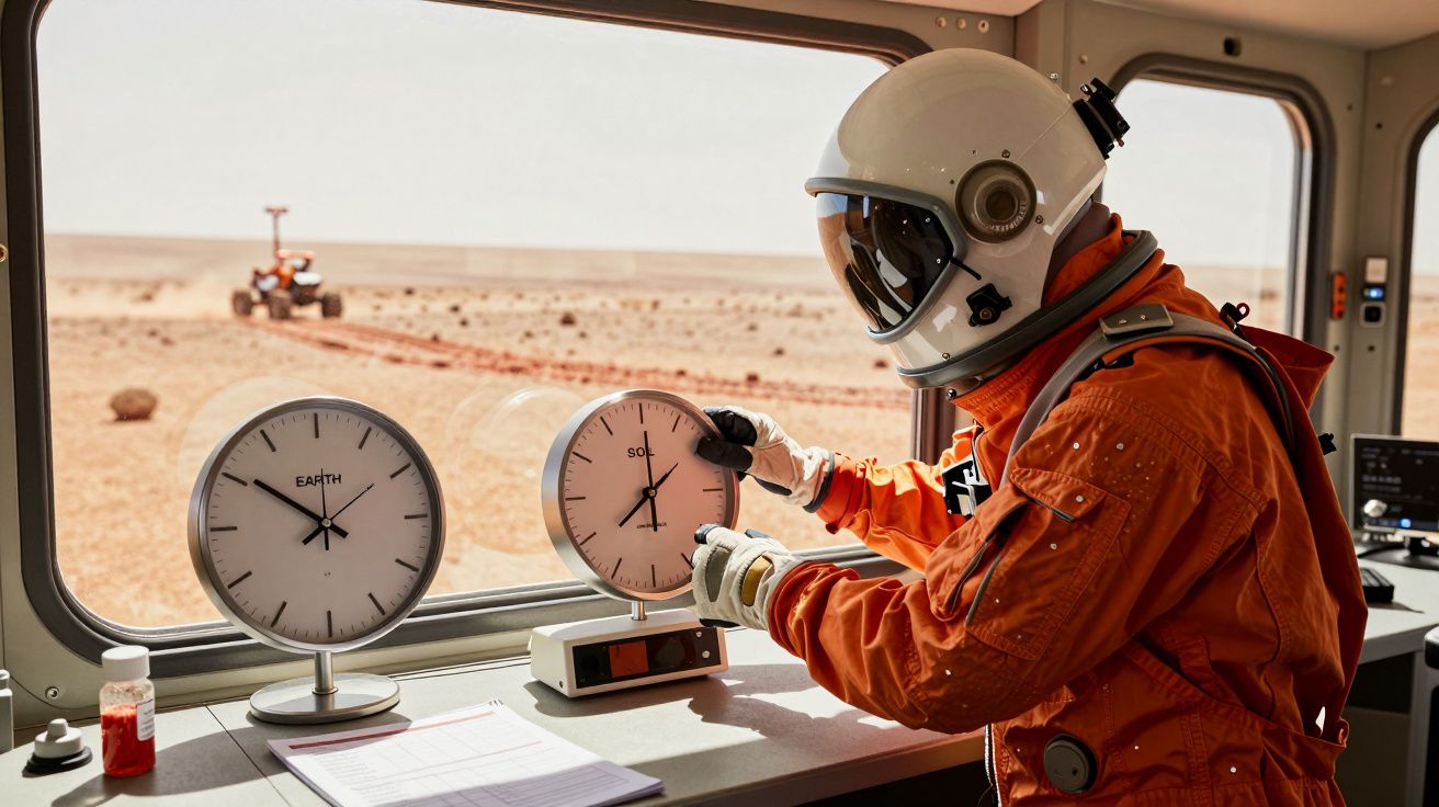 Astronauta ajusta relógios num laboratório marciano, com vista para o exterior desértico e um rover ao fundo.