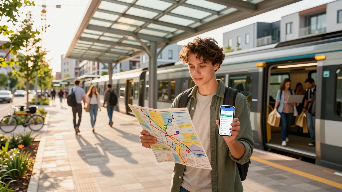 Jovem consulta mapa e telemóvel numa estação de metro, com comboio e pessoas ao fundo.