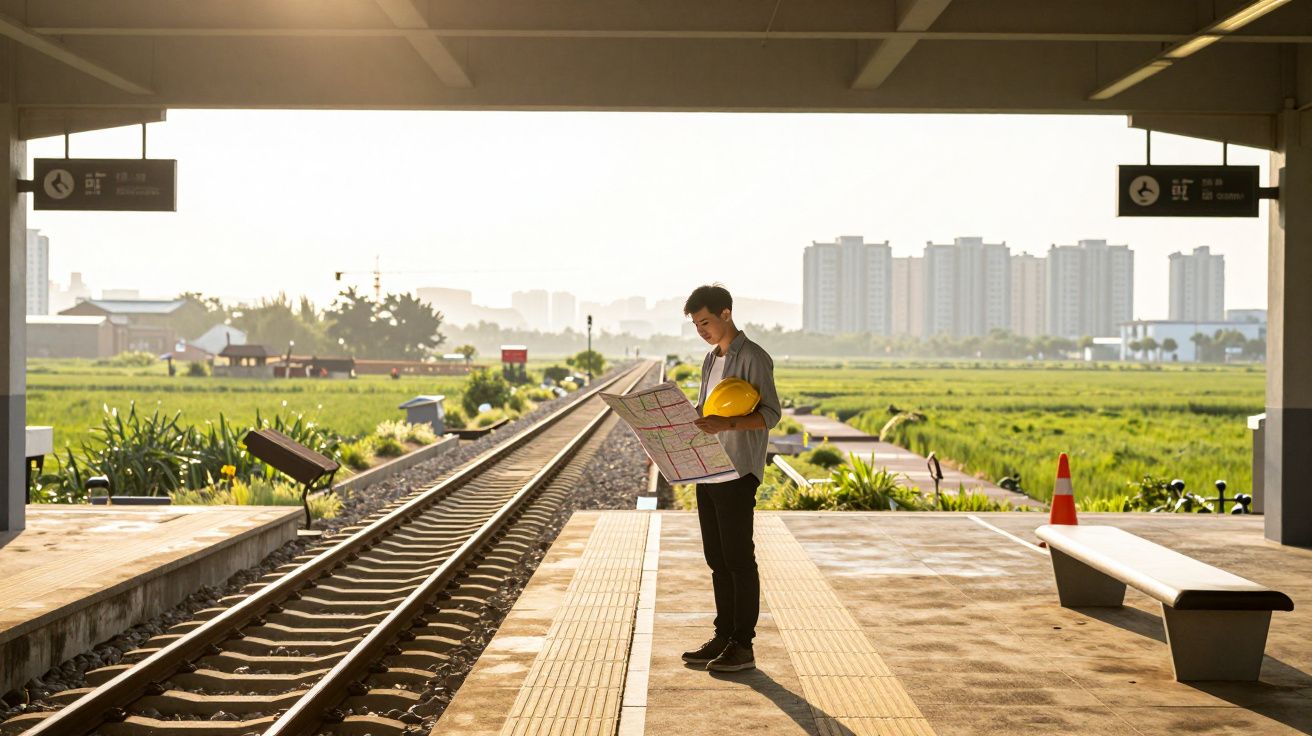 Homem de pé numa estação ferroviária, segurando um mapa e capacete amarelo, com campo verde e prédios ao fundo.