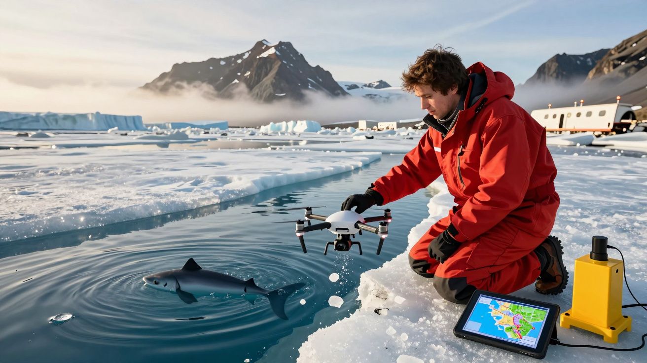 Homem em fato vermelho controla drone perto de tubarão em águas geladas e tablets sobre camada de gelo com montanhas ao fundo