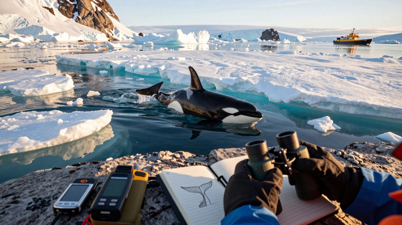Pessoa observa uma orca no Ártico com binóculos, rodeada de cadernos e equipamentos eletrónicos, navio ao fundo.