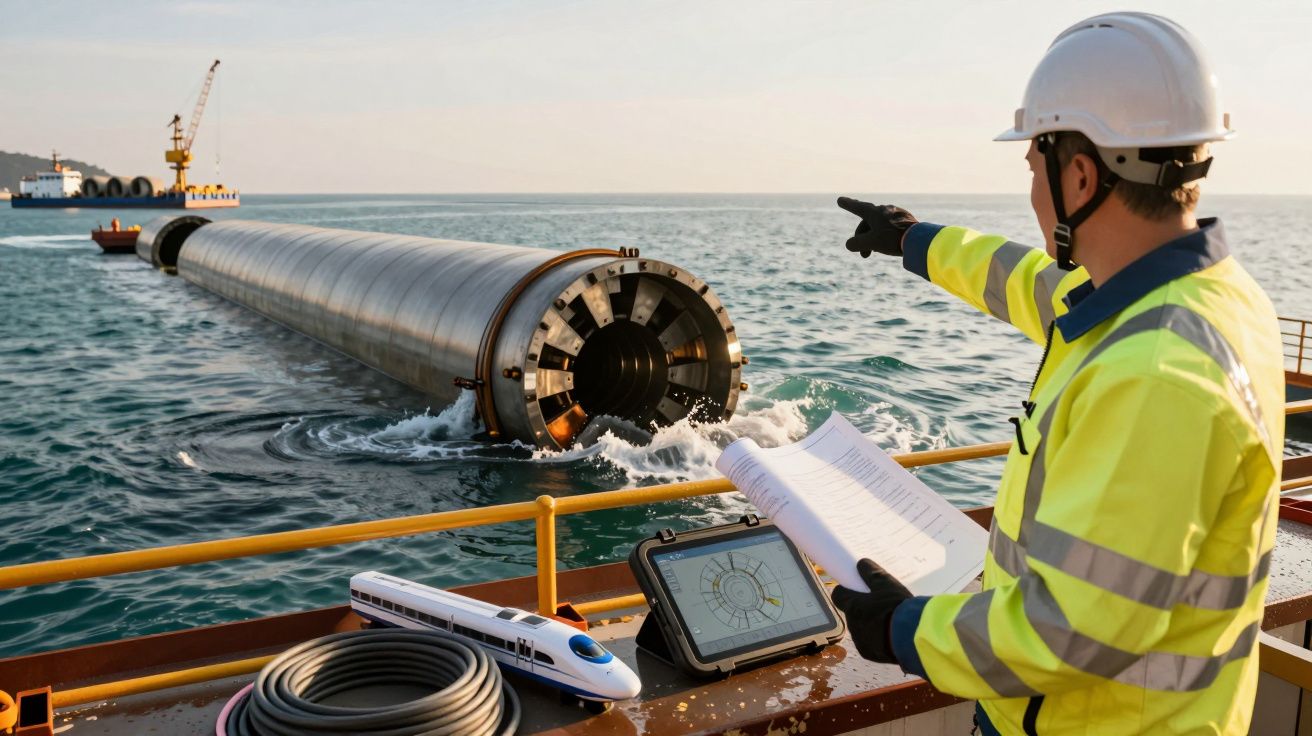 Trabalhador em barco observa grande tubo metálico no mar, com tablet e documentos.