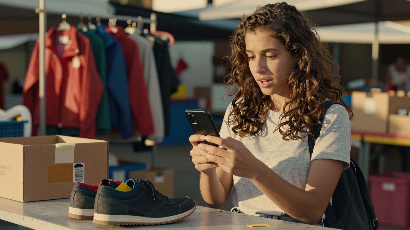 Jovem com cabelo encaracolado segura smartphone junto a sapatos numa mesa, roupas penduradas ao fundo.
