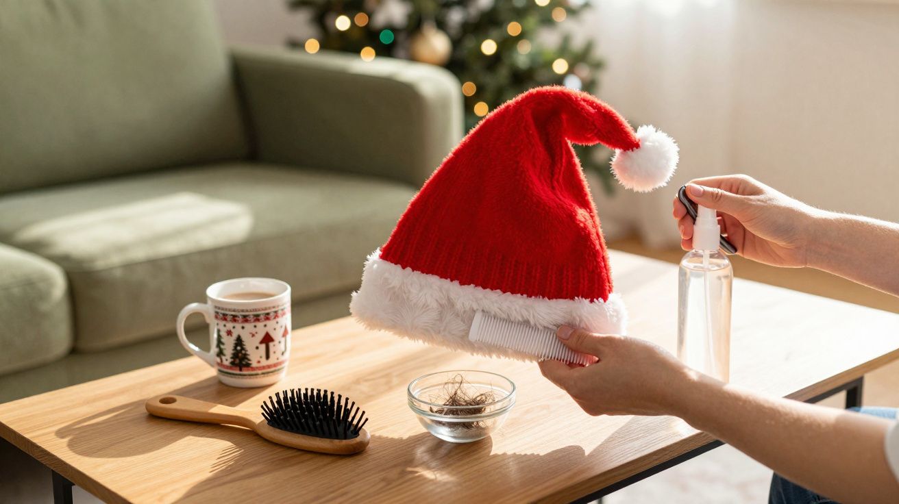Mesa com chapéu de Natal, pente, escova e chávena. Mãos seguram spray.Árvore de Natal ao fundo.