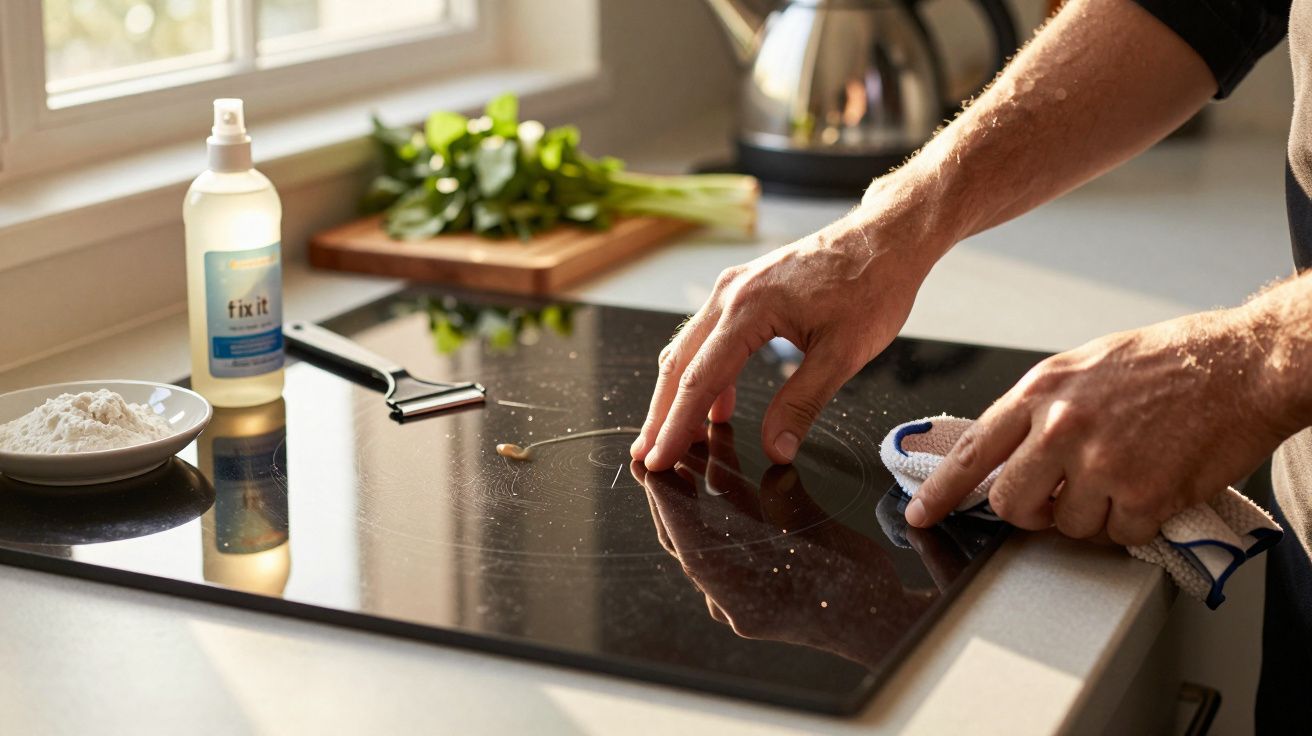 Mãos limpando placa de fogão com pano e raspador, ingredientes e spray ao lado.