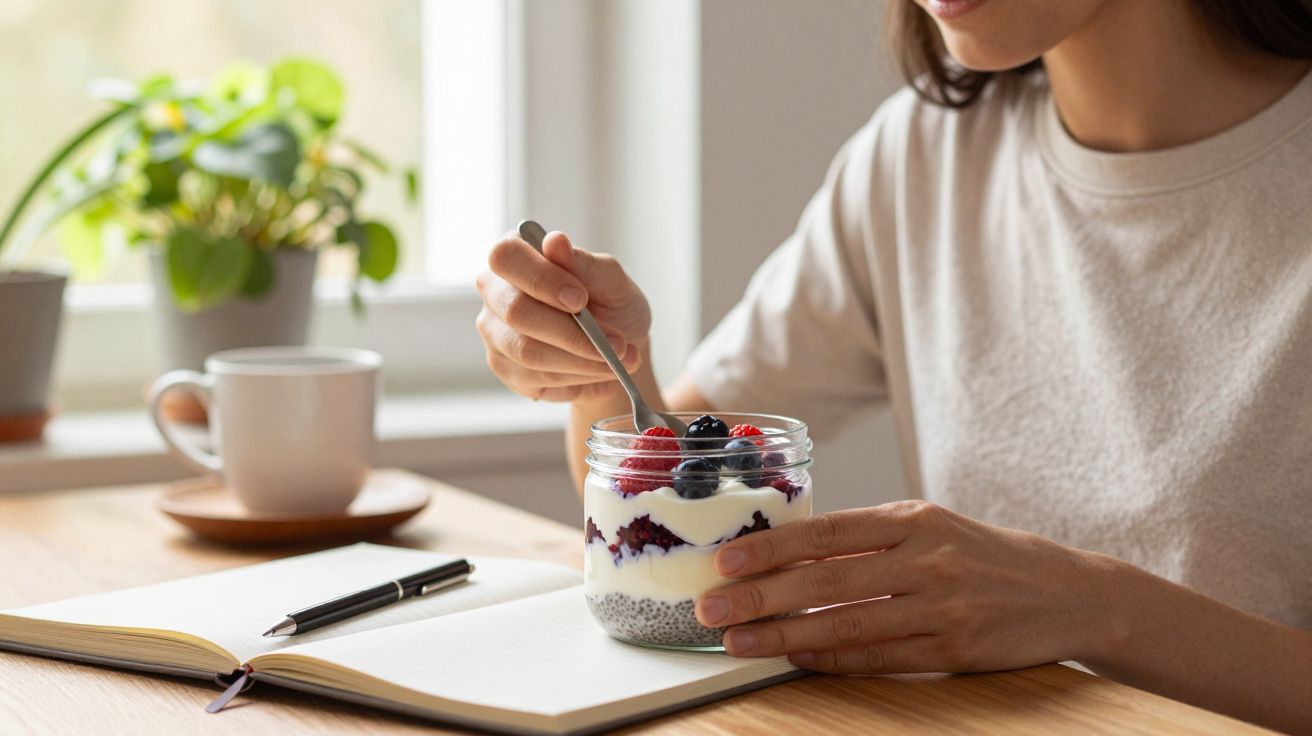 Mulher a comer iogurte com frutos vermelhos à mesa, ao lado de um caderno e chávena, com planta ao fundo.