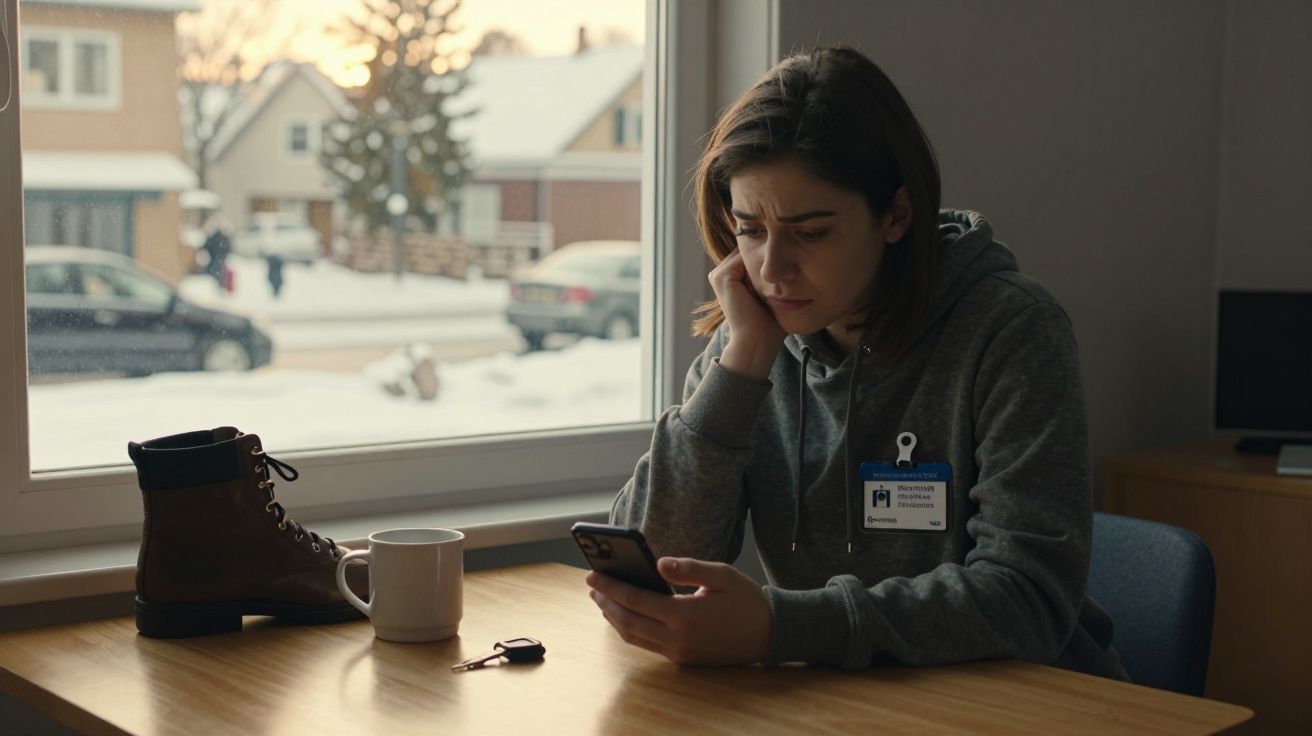 Mulher em casaco cinza olha para o telemóvel, sentada à mesa com caneca, chave e bota. Neva fora da janela.