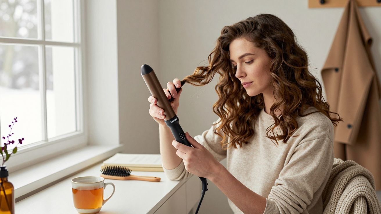 Mulher estiliza cabelo com modelador num quarto iluminado, chá e escova ao lado.