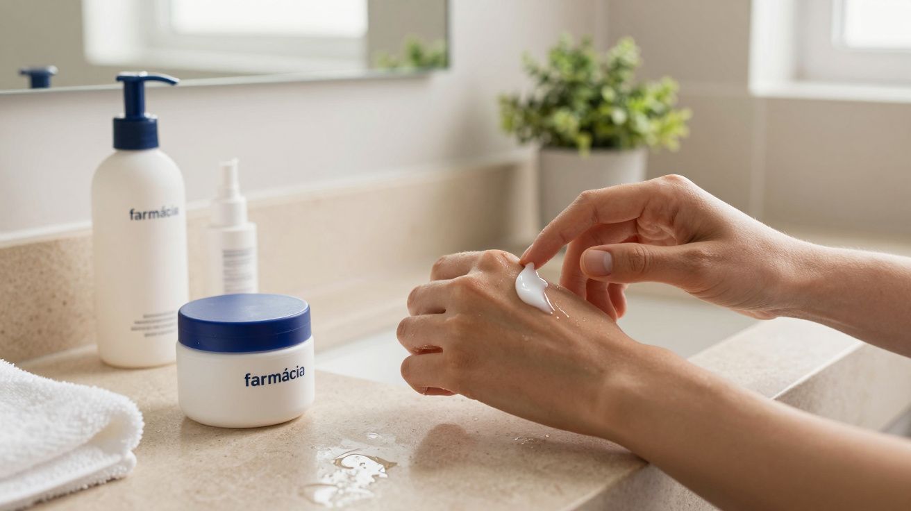 Mãos aplicando creme hidratante no lavatório, ao lado de frascos de produtos de farmácia e toalha branca.
