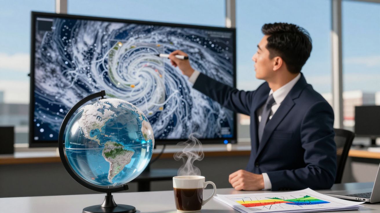 Homem analisa imagem de ciclone num ecrã, ao lado de um globo terrestre e chávena de café.