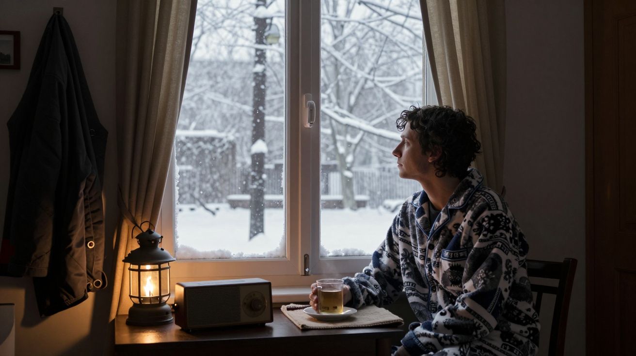 Homem de pijama observa neve pela janela, segurando chá; sala com candeeiro e rádio sobre a mesa.