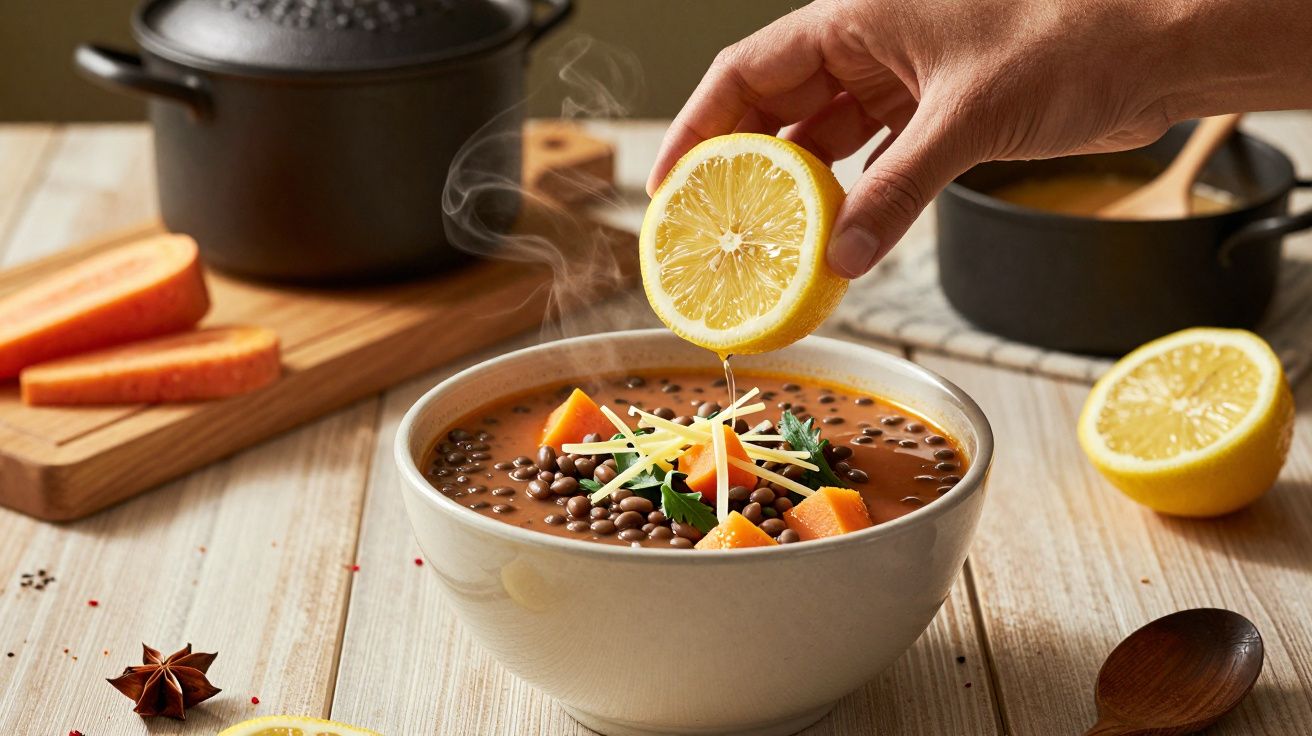 Pessoa espreme limão sobre uma tigela de sopa de lentilhas com cenoura e ervas aromáticas, em ambiente de cozinha aconchegant