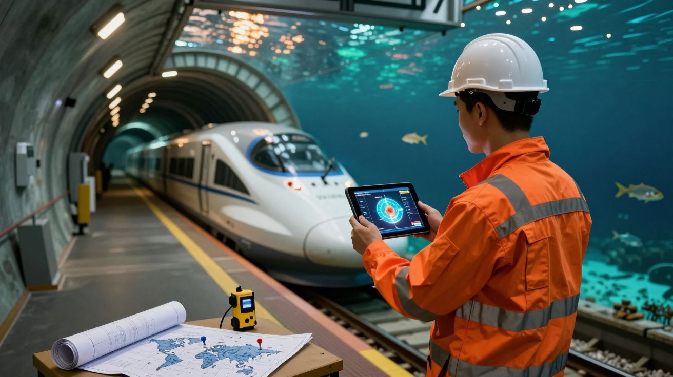 Engenheiro observa tablet em túnel submarino com comboio de alta velocidade; mapa e dispositivo na mesa.
