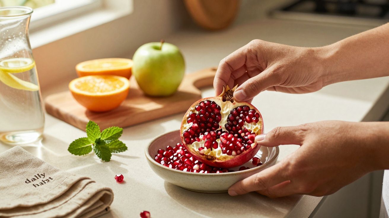 Mão segurando romã aberta sobre uma tigela, com maçã, laranja e hortelã ao fundo numa cozinha iluminada.
