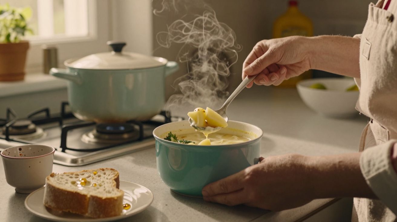 Pessoa serve sopa quente de uma panela azul claro, com pão e chá ao lado, numa cozinha iluminada pelo sol.
