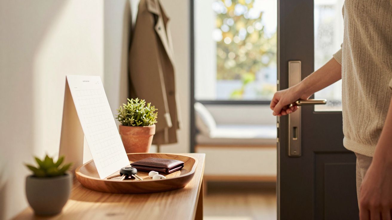 Pessoa a abrir a porta, com uma mesa decorada com plantas, calendário, chaves, carteira e casaco pendurado.