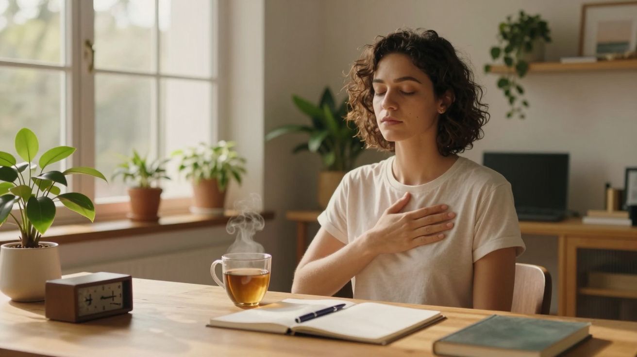 Mulher meditando com os olhos fechados, mão no peito, ao lado de chá fumegante e caderno numa mesa, plantas ao fundo.