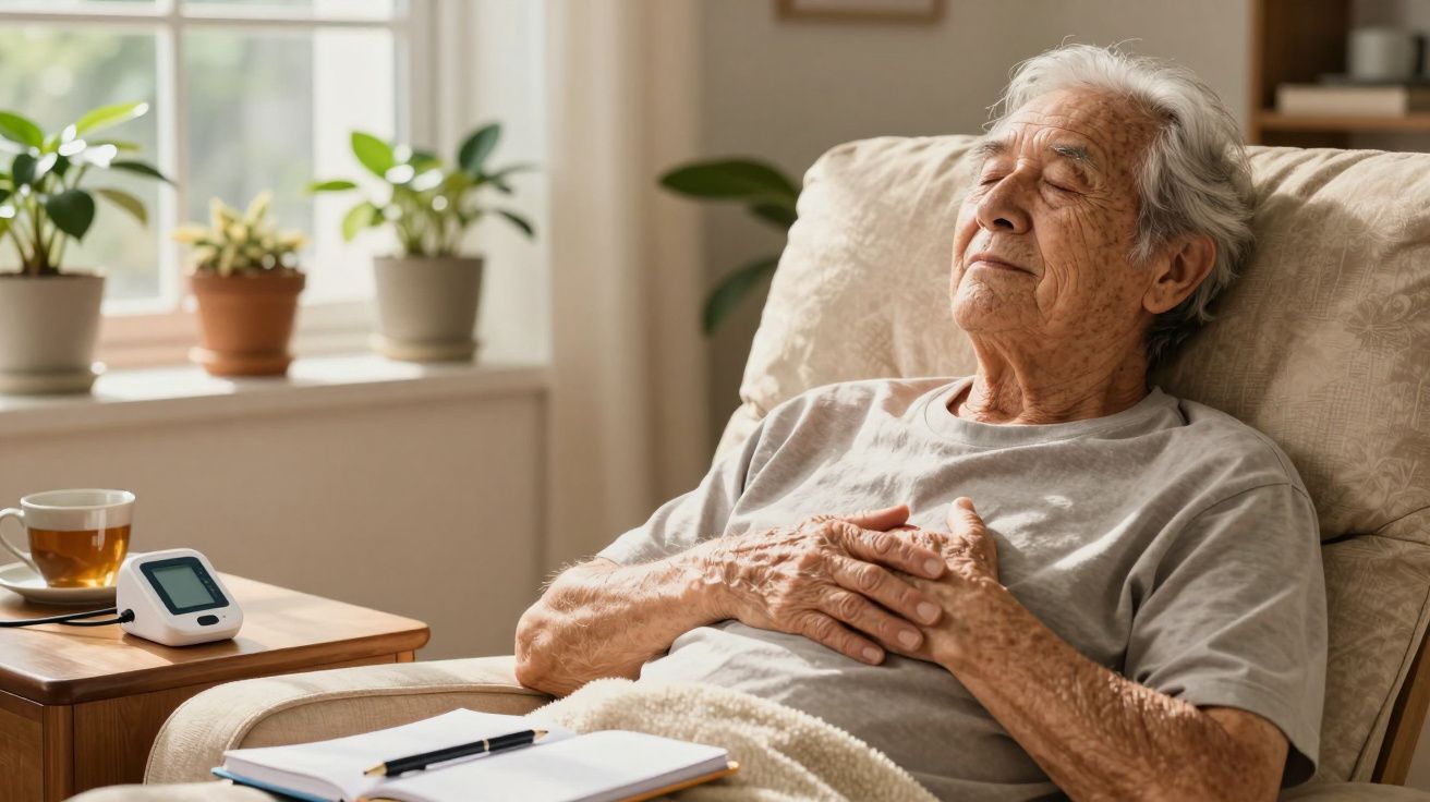 Senhor idoso relaxa numa poltrona com as mãos no peito, chá e um medidor de pressão ao lado, plantas e janela ao fundo.