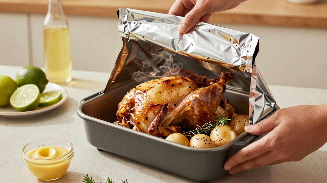 Frango assado no forno com batatas e alecrim a ser retirado do papel de alumínio sobre uma bancada de cozinha.