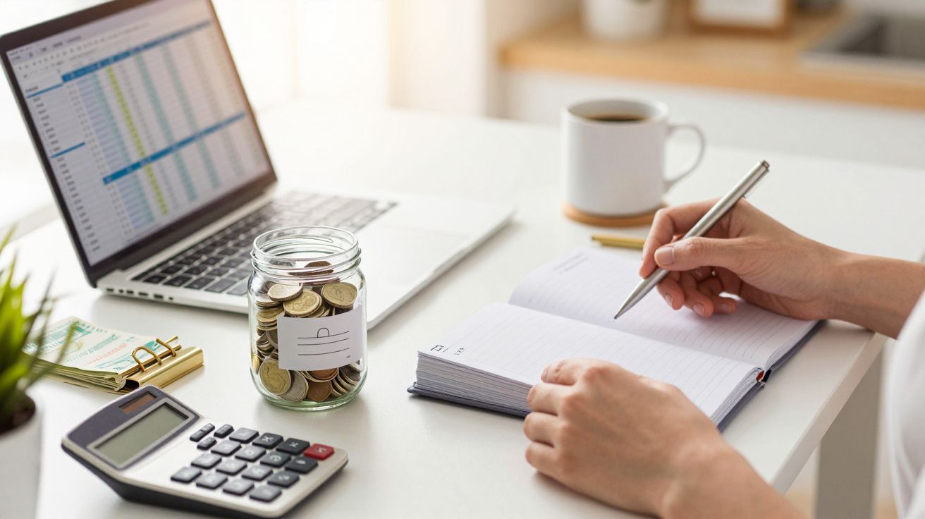 Pessoa escreve em um caderno, com laptop, jarro de moedas, notas e calculadora sobre a mesa.