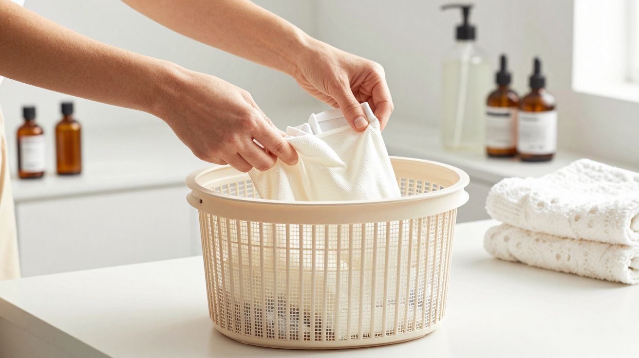 Mãos colocam um pano branco num cesto de roupa em bancada de lavandaria com toalhas e frascos ao fundo.