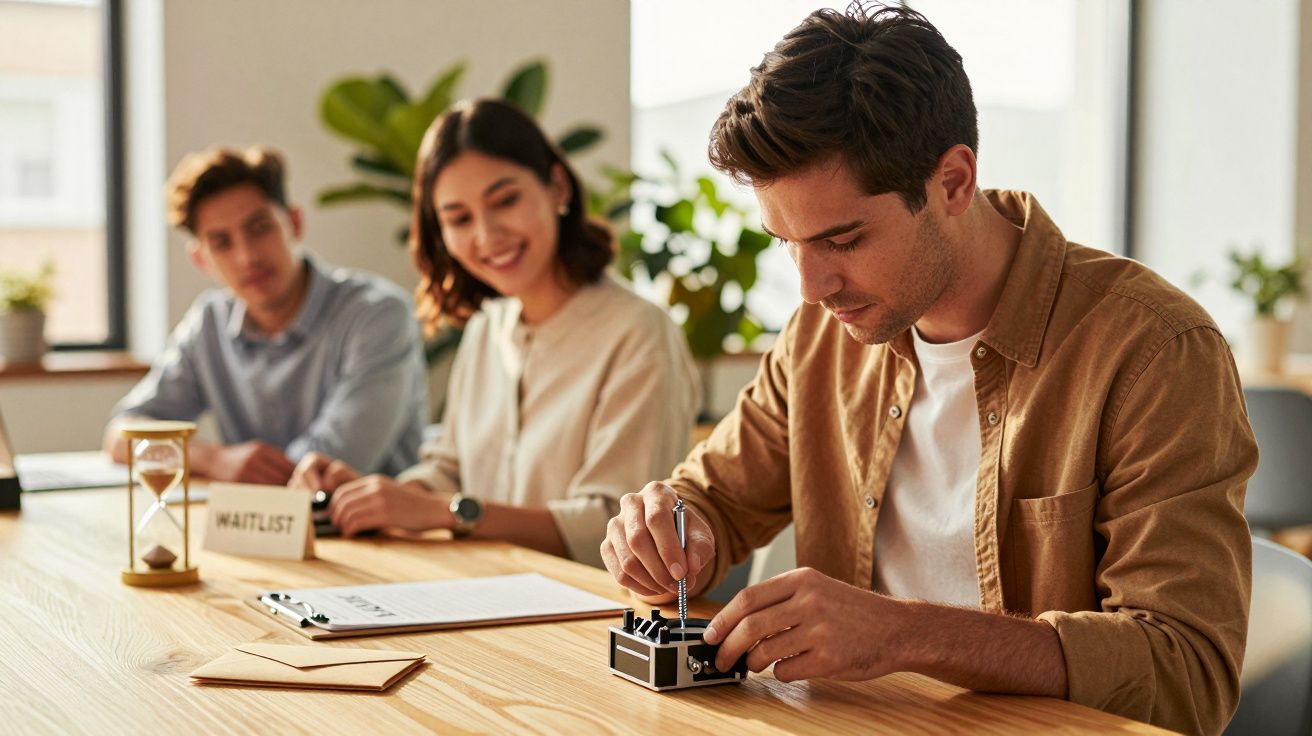 Homem a montar um dispositivo em mesa de madeira, com duas pessoas a observarem ao fundo, num ambiente de escritório.
