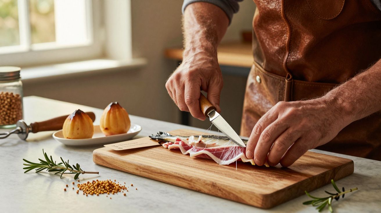 Homem corta presunto numa tábua de madeira, com ramos de alecrim e mostarda ao lado. Duas cebolas assadas ao fundo.