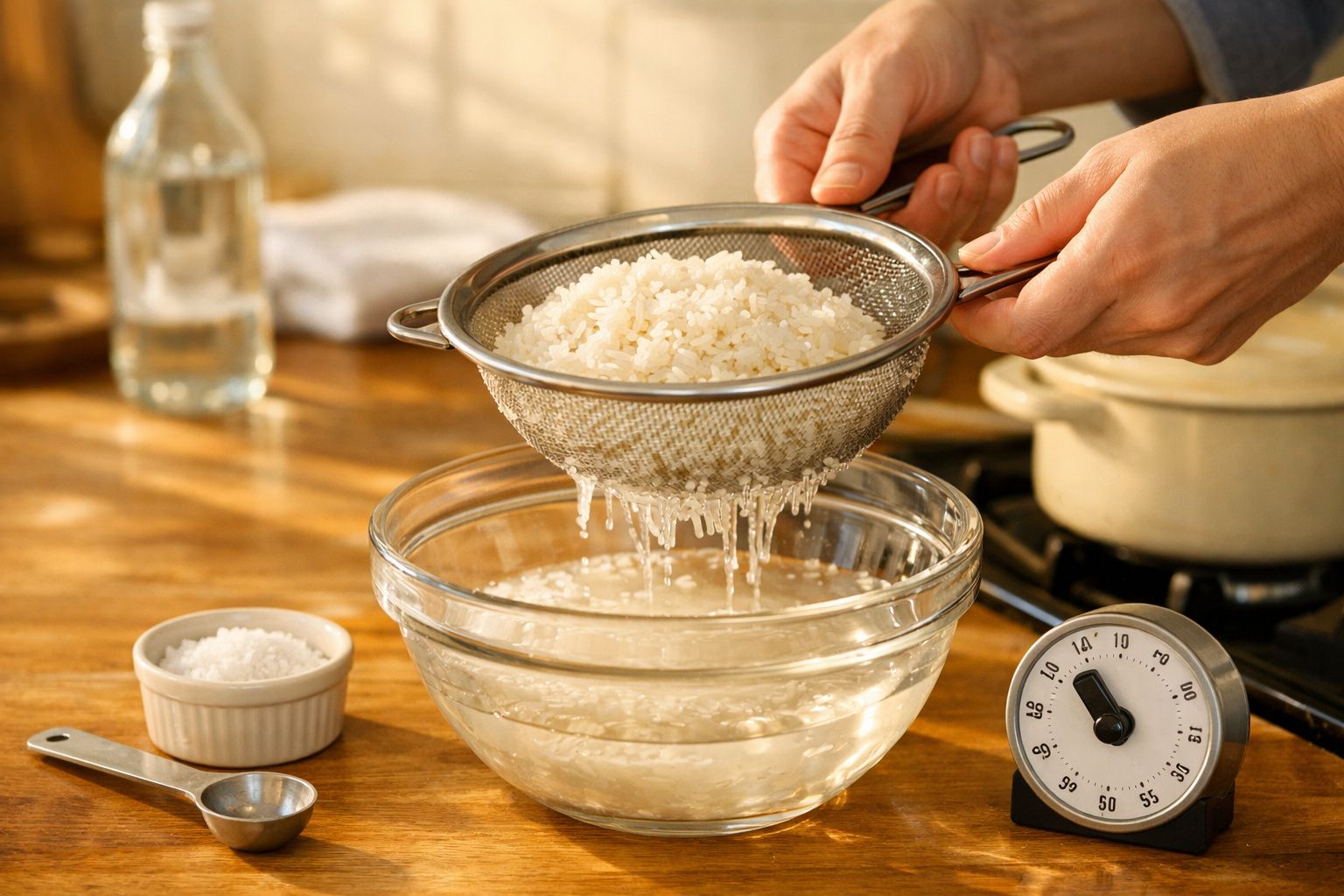 Mãos a enxaguar arroz num coador sobre uma tigela de vidro com água, na cozinha; sal e cronómetro ao lado.