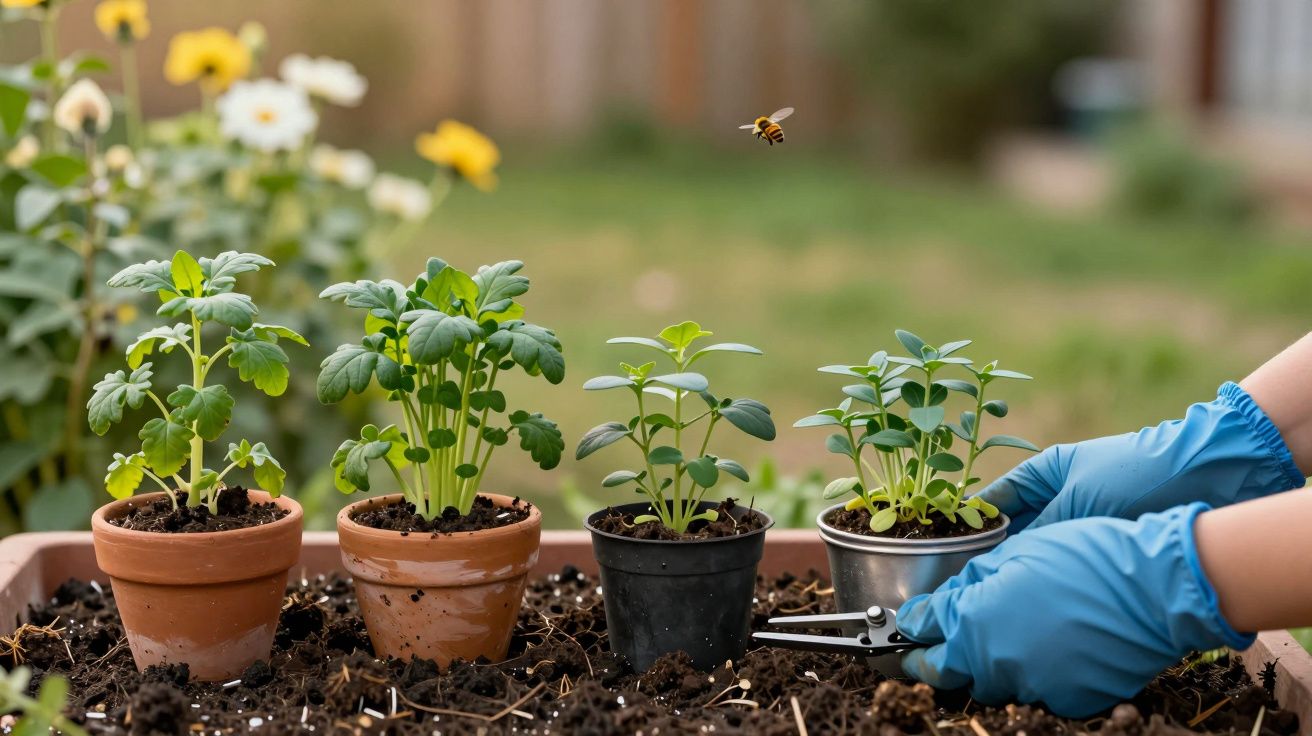 Mãos com luvas azuis cuidam de plantas em vasos, com flores ao fundo e uma abelha a voar.