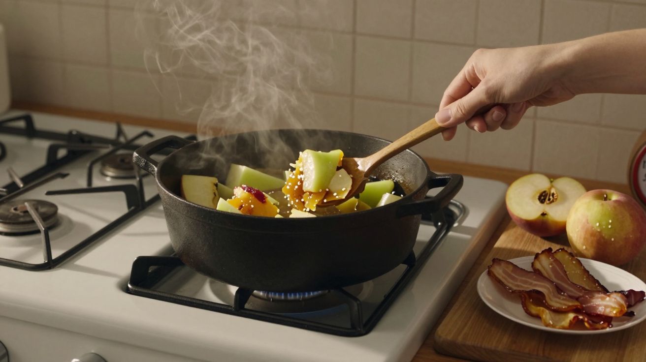 Pessoa a cozinhar maçãs e legumes numa panela preta sobre fogão a gás, com vapor a subir.