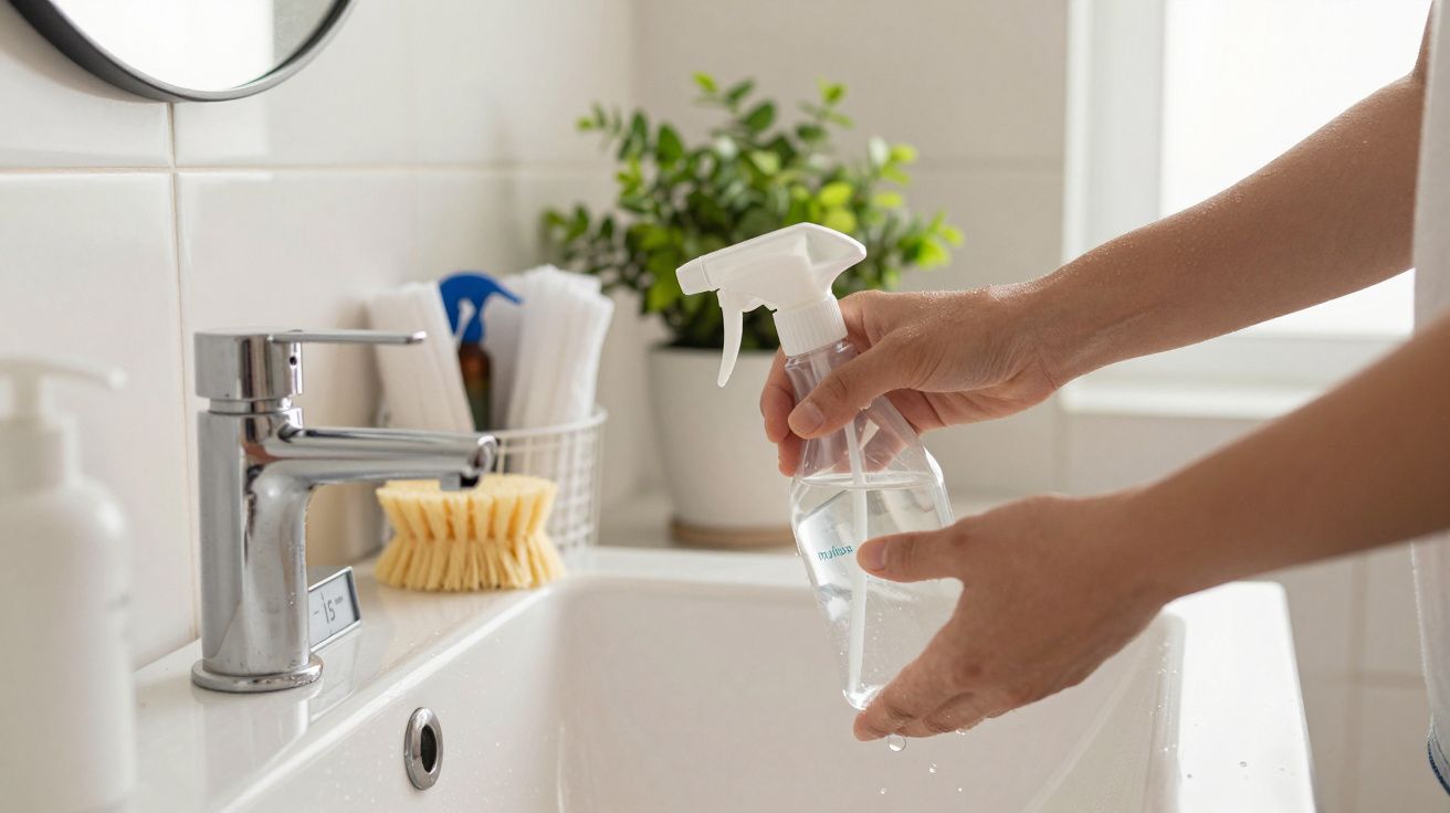 Pessoa segura frasco de spray sobre lavatório, com torneira, escova amarela e planta ao fundo.