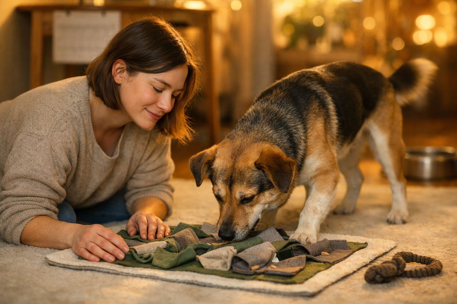 Mulher sorridente a brincar com um cão numa manta no chão, enquanto o cão fareja os brinquedos.
