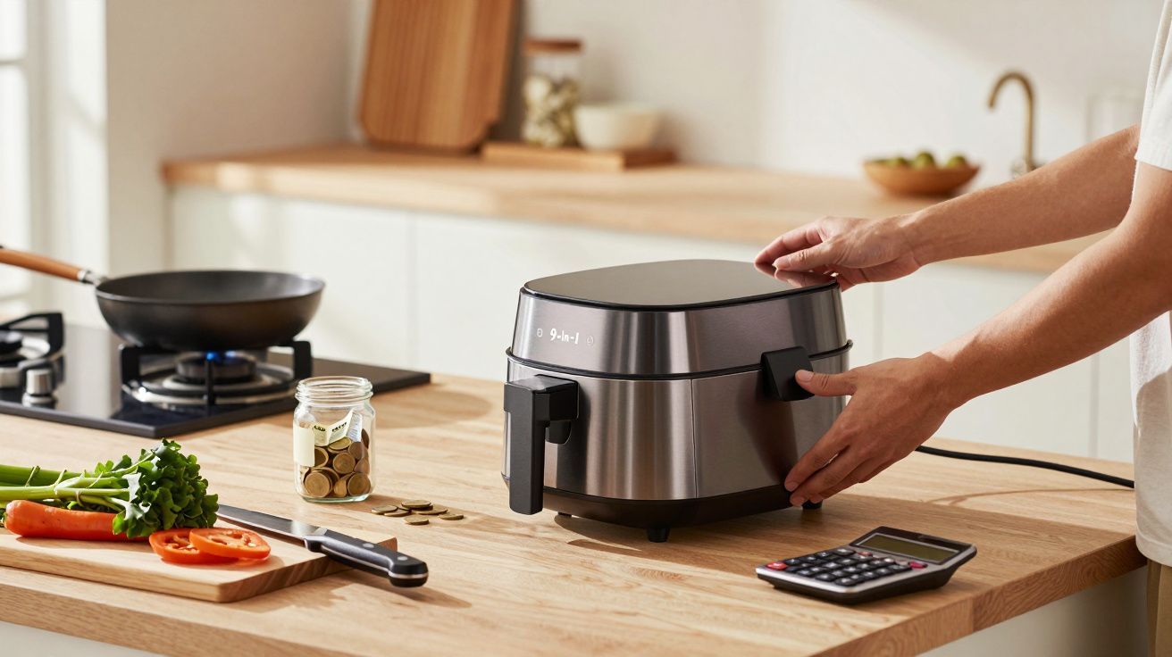 Pessoa ajusta uma fritadeira elétrica numa cozinha moderna com fogão, legumes e calculadora sobre o balcão de madeira.