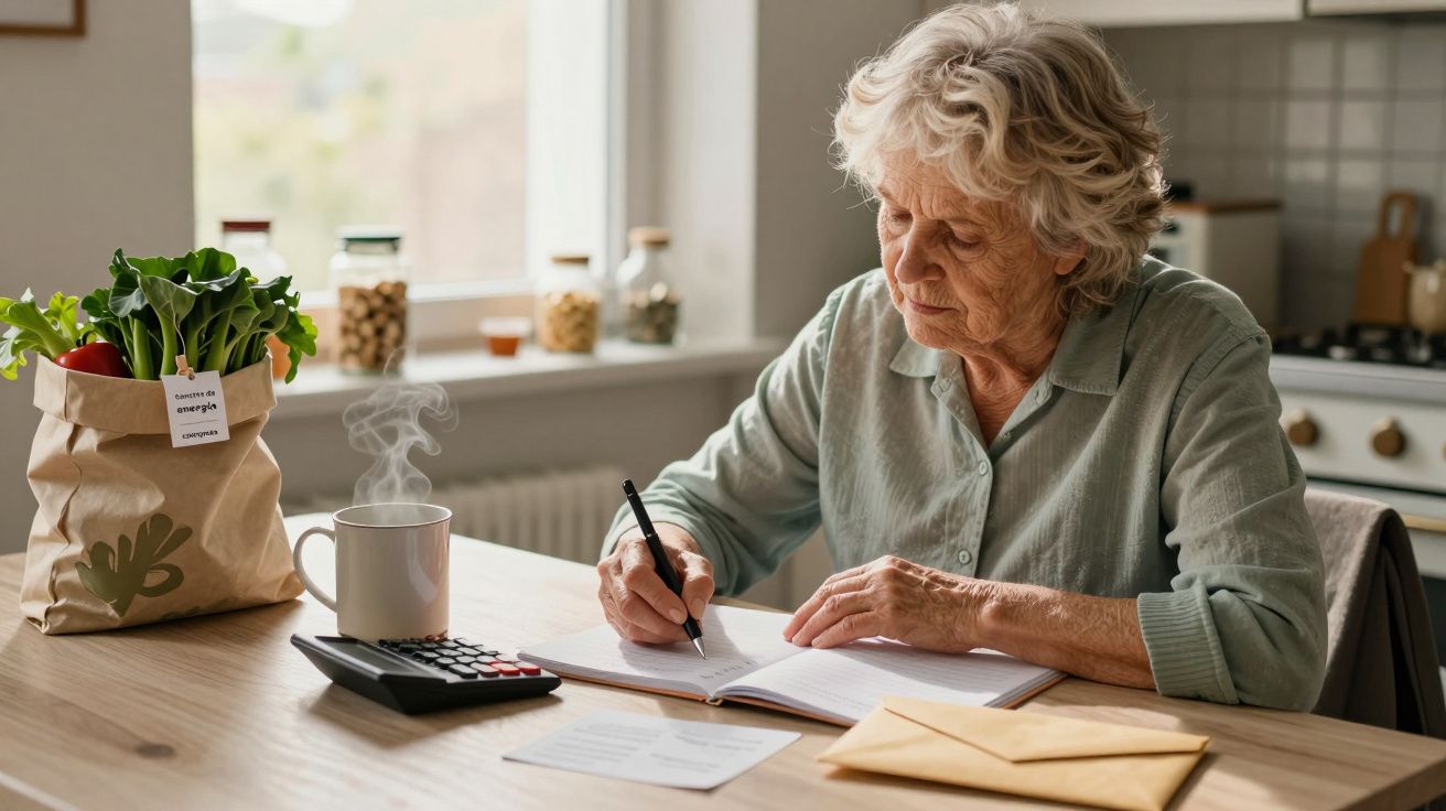 Idosa sentada à mesa de cozinha, escrevendo num caderno com uma máquina de calcular e um saco de compras ao lado.