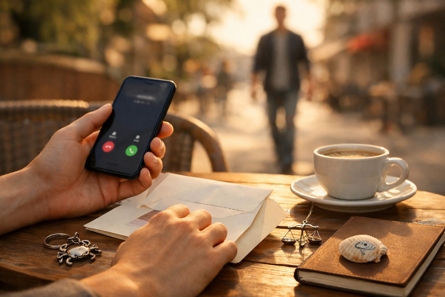 Pessoa segura telefone com chamada recebida, sentado em mesa de café ao ar livre, com chávena e envelope.