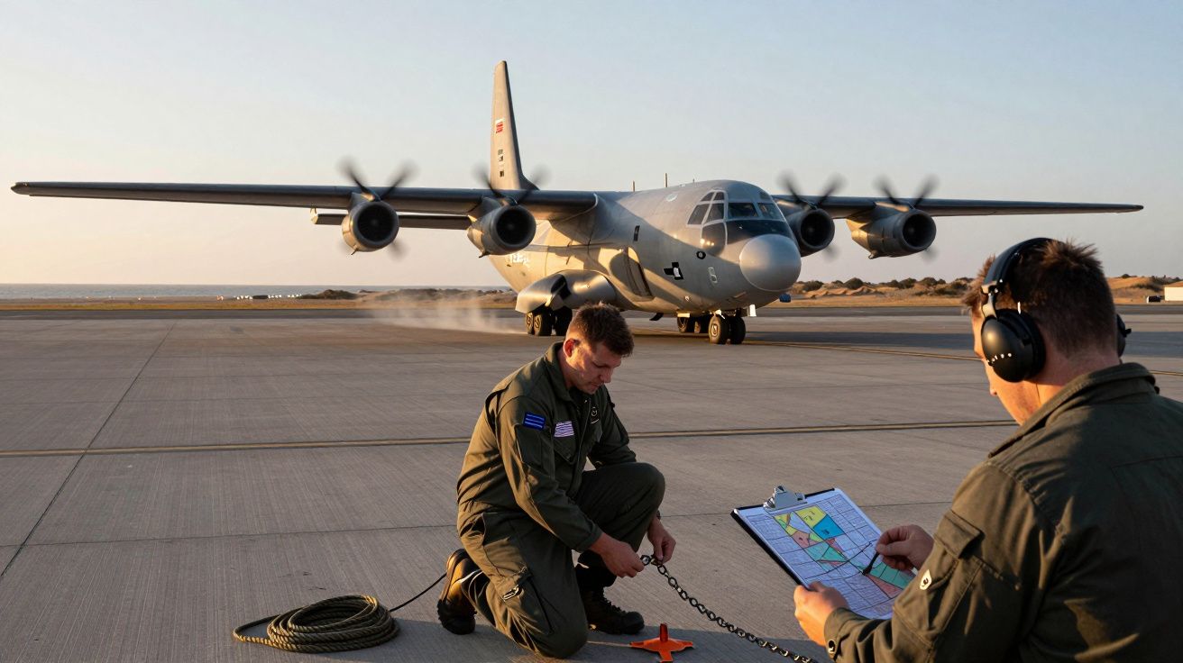 Dois técnicos verificam um avião de carga militar estacionado na pista ao pôr do sol.