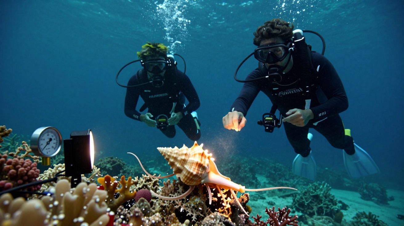 Dois mergulhadores observam um coral e um caramujo, com equipamento de mergulho e lanterna subaquática.