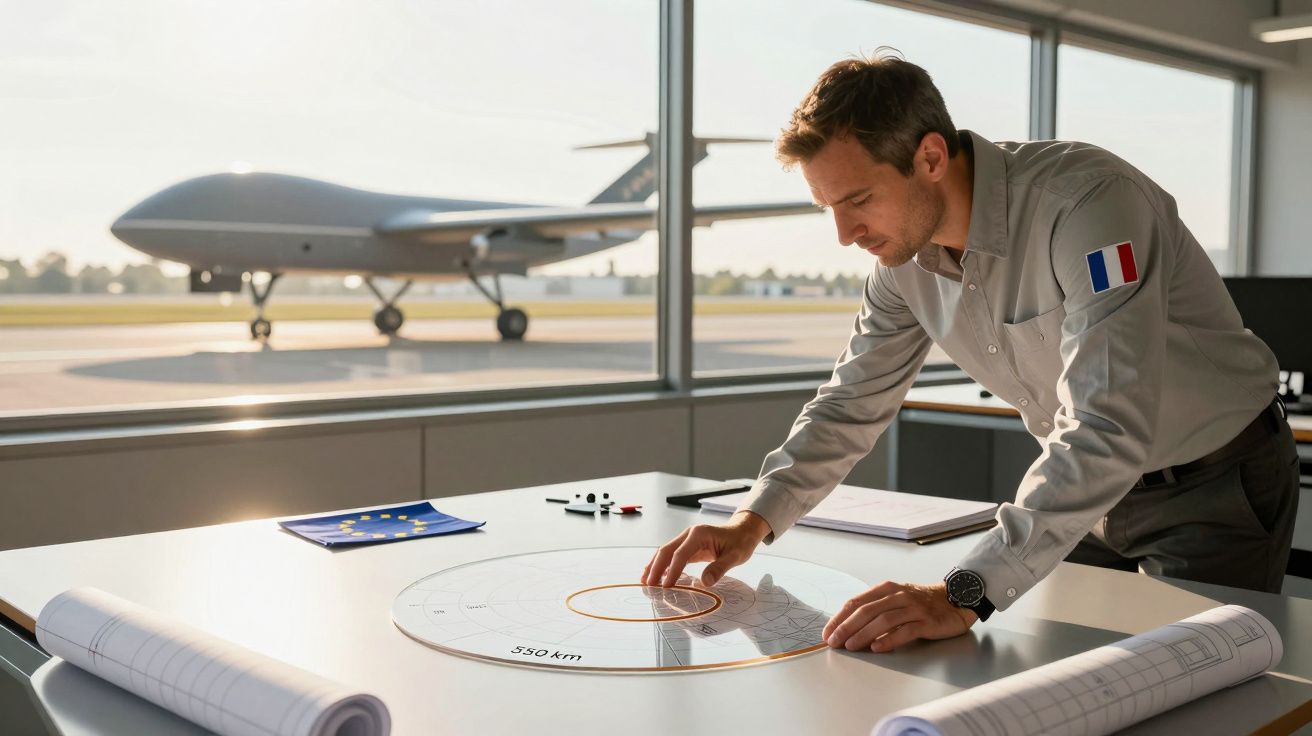 Homem analisa mapa em mesa com avião não tripulado ao fundo, bandeira da UE visível, luz natural entra pela janela.