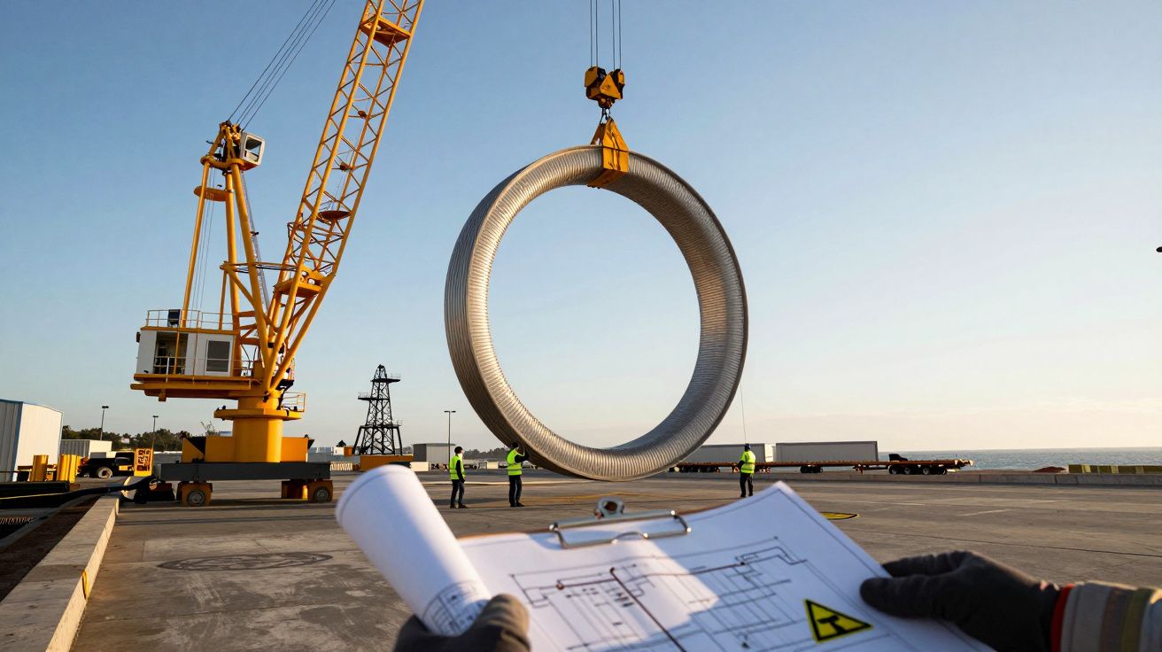 Guindaste movendo bobina de metal em porto; engenheiro segura planos na frente.