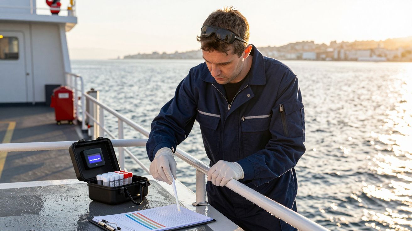 Homem de luvas recolhe amostras no convés de um barco ao pôr do sol, com kit de teste ao lado.