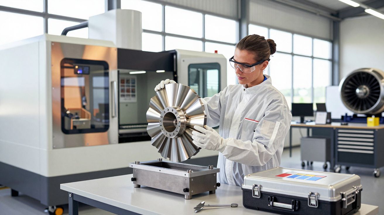 Engenheira examina peça metálica em laboratório, perto de máquina CNC e caixa de ferramentas.