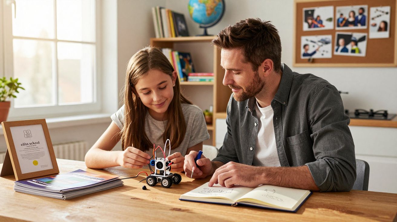 Homem e criança a construir um robô em miniatura numa mesa de madeira, com livros e um certificado ao lado.
