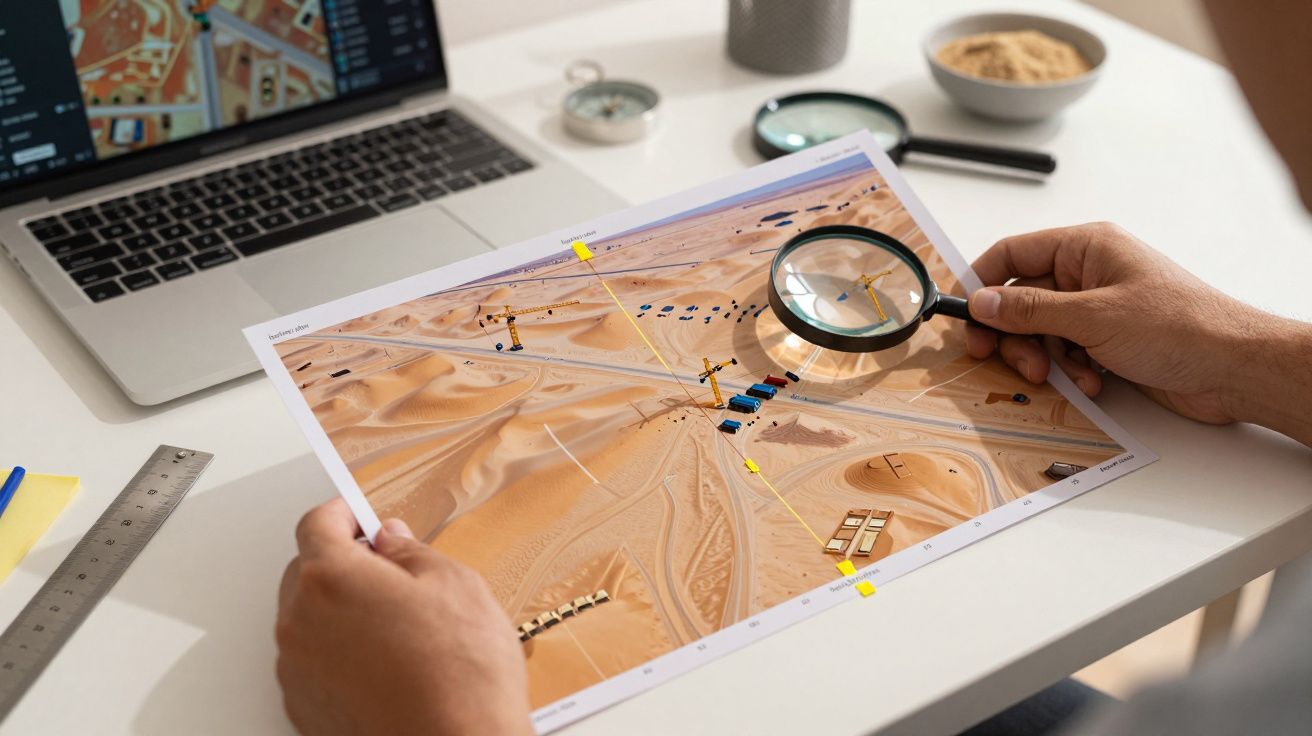 Pessoa analisa mapa de deserto com lupa na mesa, perto de um portátil.
