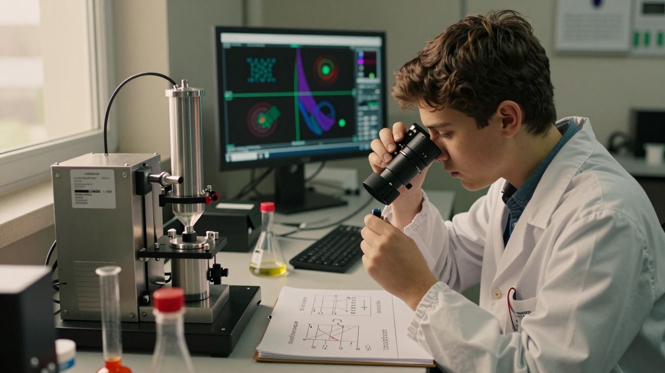 Jovem cientista em laboratório usa microscópio com computador ao fundo, cadernos e frascos ao redor.