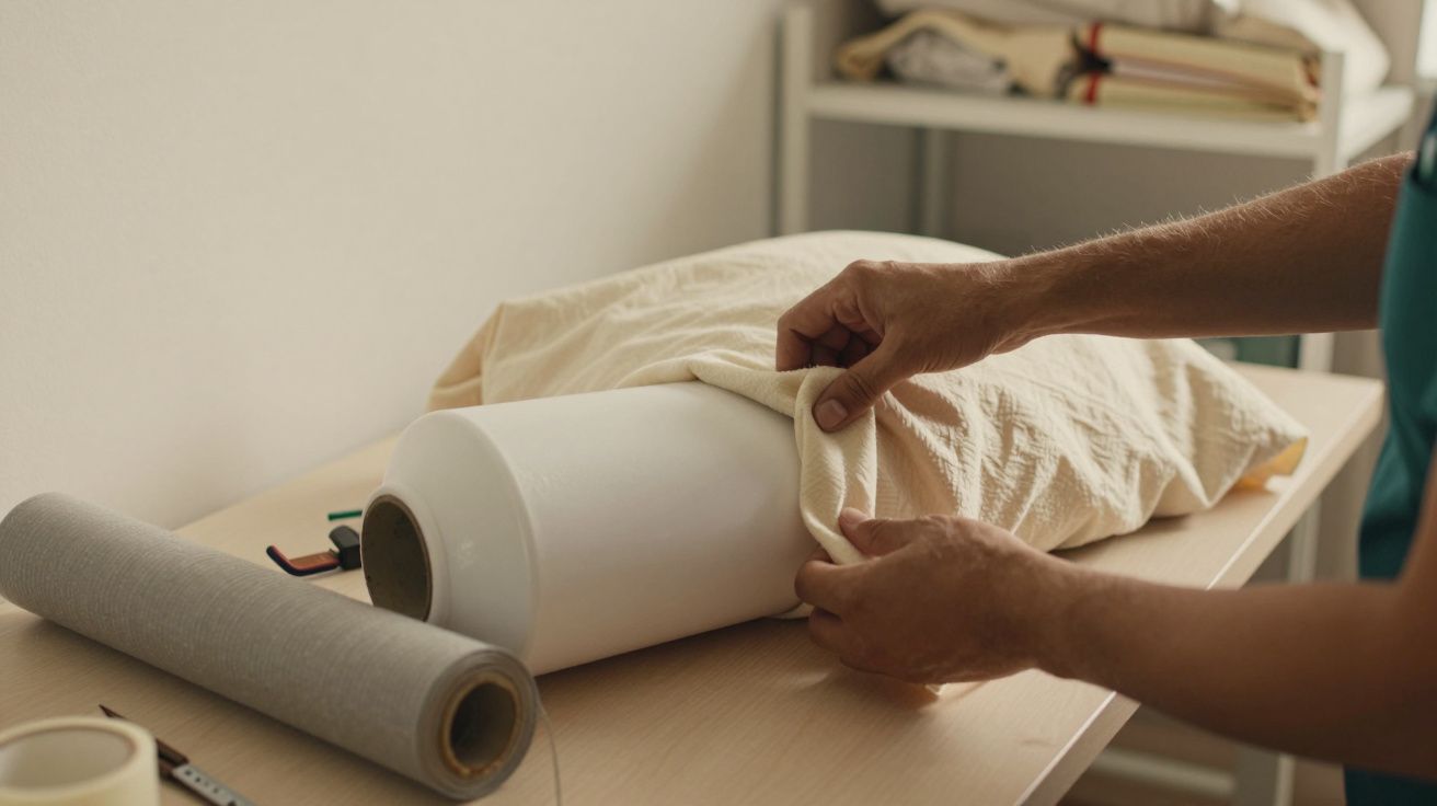 Pessoa a preparar tecido sobre rolo branco numa mesa com ferramentas e materiais ao fundo.