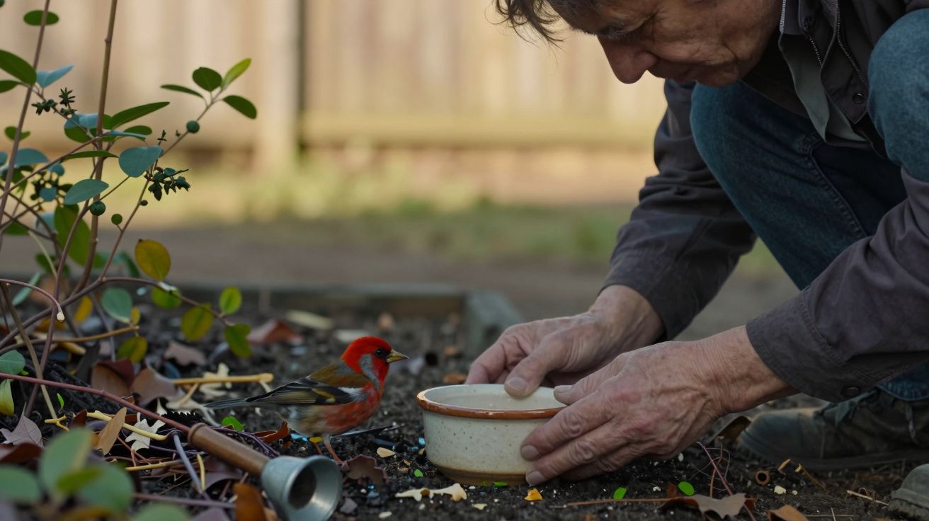 Homem ajoelhado no jardim cuidando de uma tigela com comida, perto de um pequeno pássaro vermelho no solo.